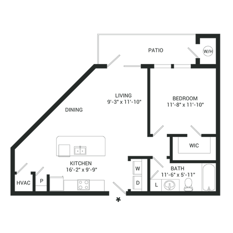 Floor plan for 1 bed, 1 bath, 671 sqft